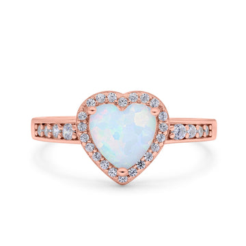 Heart Promise Ring Halo Rose Tone, Lab Created White Opal 925 Sterling Silver